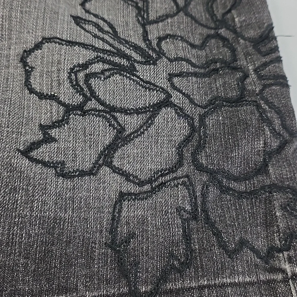 WHBM Black Faded Distressed Denim Jean Mini Skirt Embroidered Floral